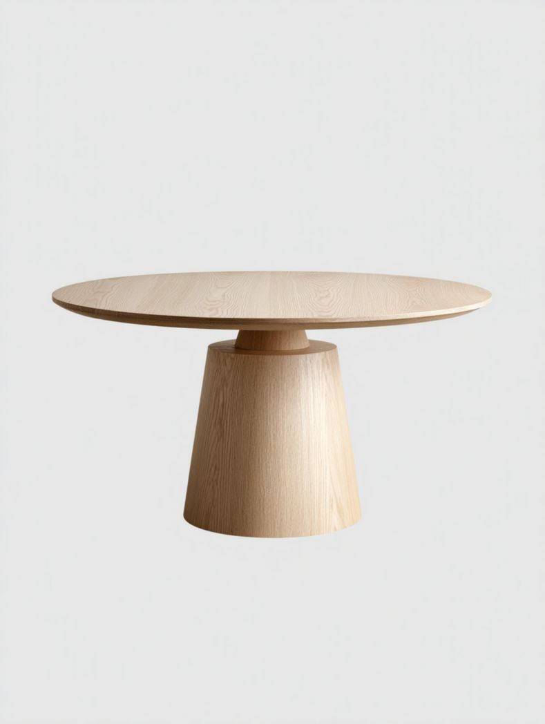 Table ronde en bois clair avec piètement conique, style moderne épuré