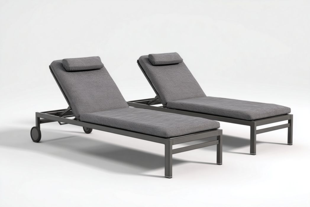 Ensemble de 2 chaises longues en métal gris avec coussins et appuie-tête réglables