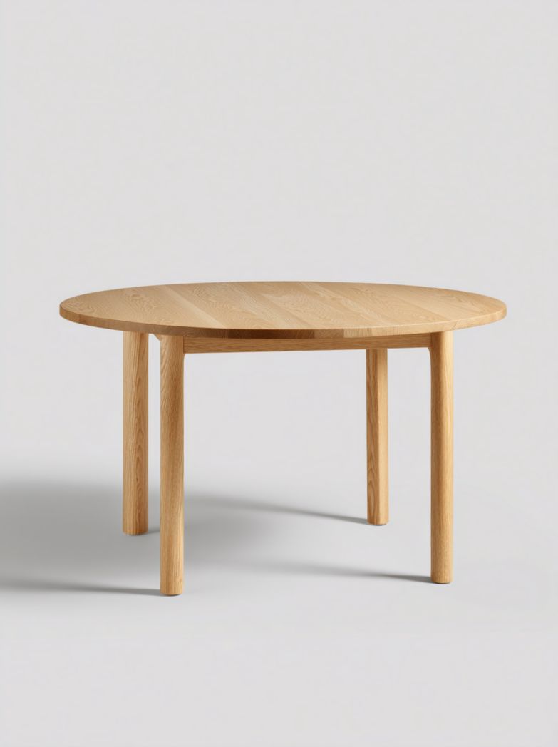 Table à manger ronde en bois clair avec piètement cylindrique droit