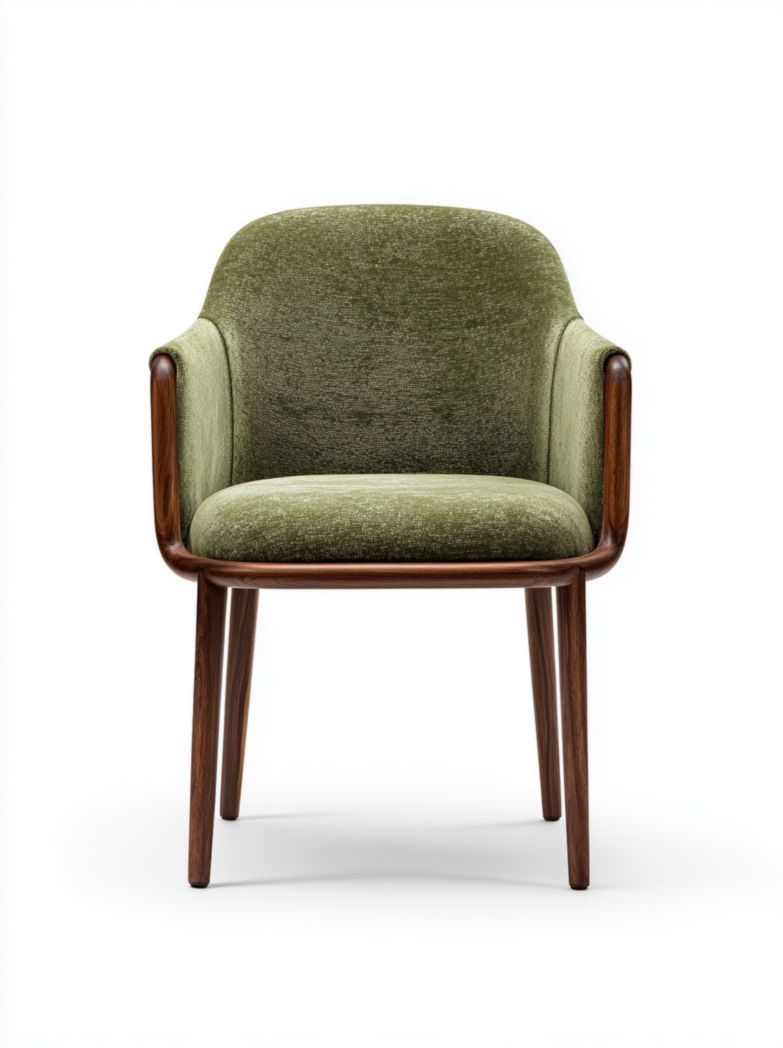 Fauteuil rembourré en velours vert avec structure en noyer et dossier arrondi