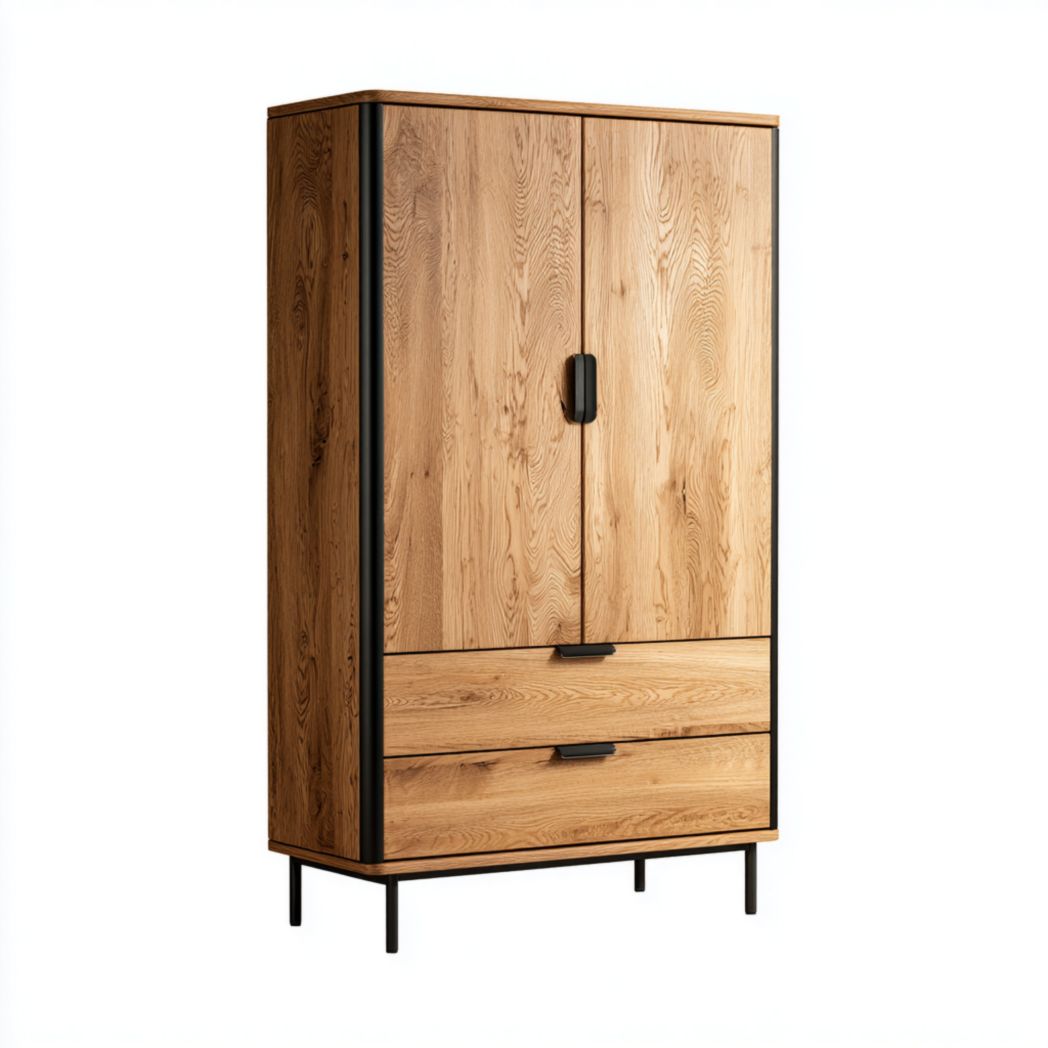 Armoire en bois naturel à deux portes et deux tiroirs avec cadre noir