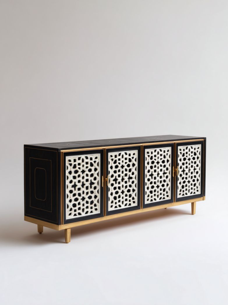 Meuble TV bas rectangulaire noir et doré avec 4 portes à motifs ajourés