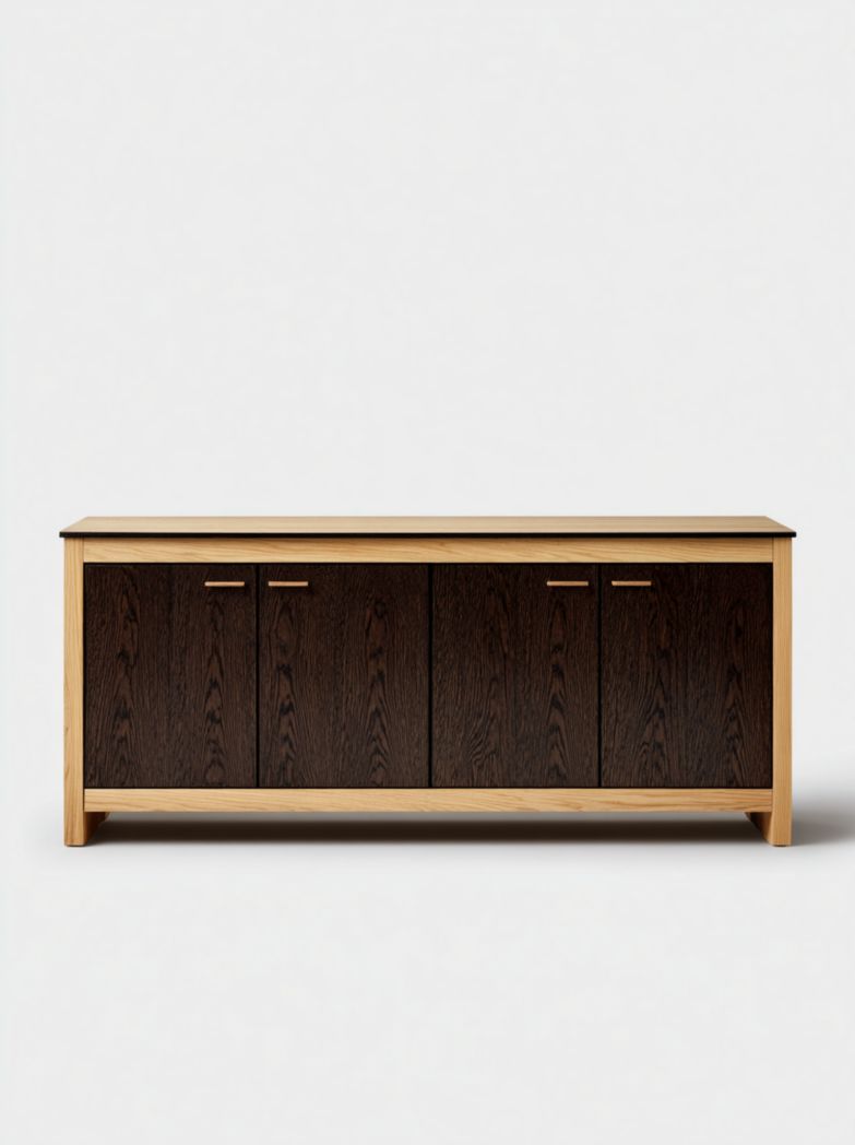 Meuble TV bas en bois avec 4 portes, cadre clair et façades foncées