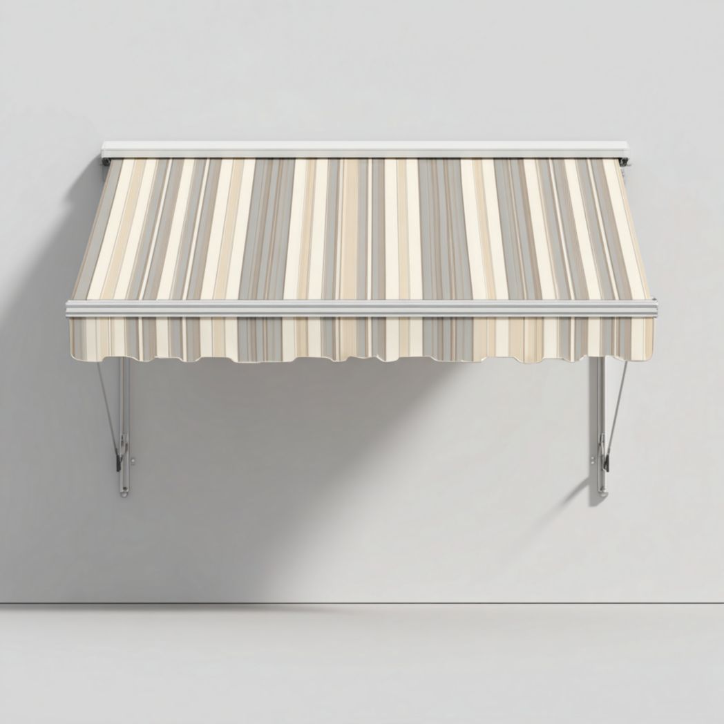 Pare-soleil latéral rayé beige et gris, toile polyester et armature en aluminium