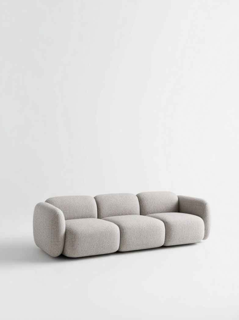 Canapé 3 places en tissu gris clair design arrondi et assise basse