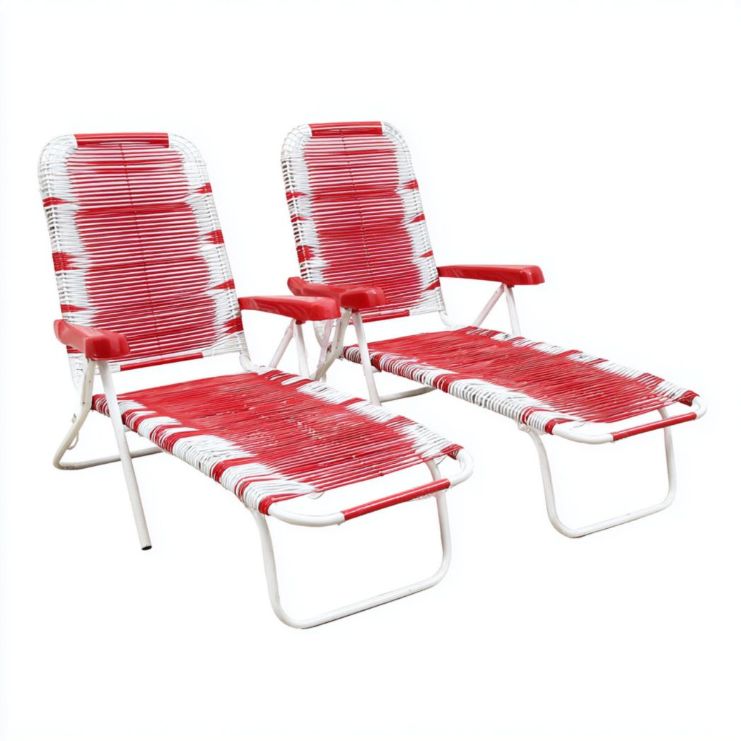 Ensemble de 2 chaises longues pliantes en métal et sangle tressée rouge et blanche