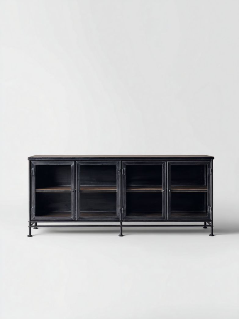 Meuble TV bas industriel en métal noir avec 4 portes vitrées