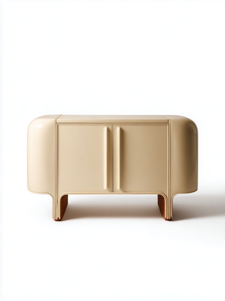 Meuble TV bas en bois laqué beige avec 2 portes et angles arrondis