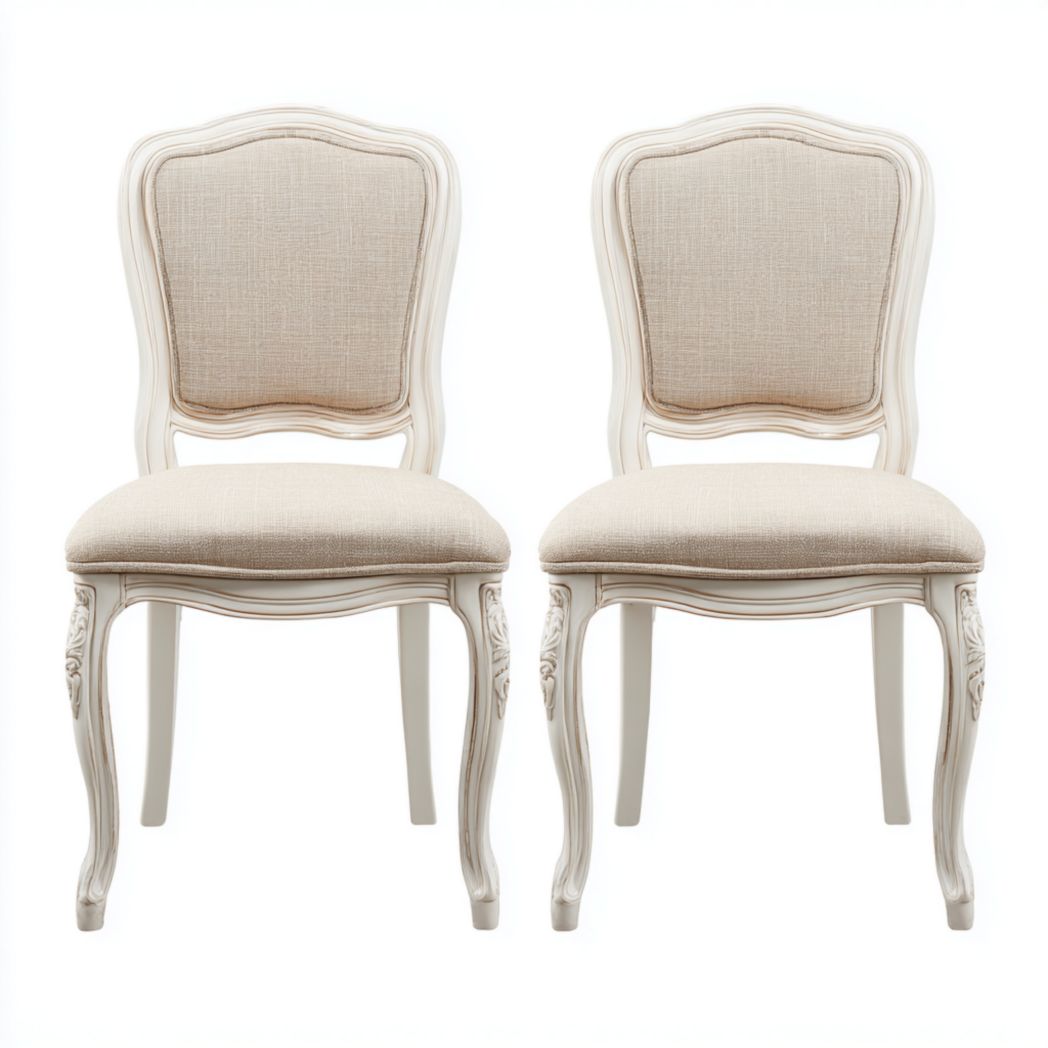 Lot de 2 chaises de salle à manger style classique en bois blanc sculpté et assise en tissu beige