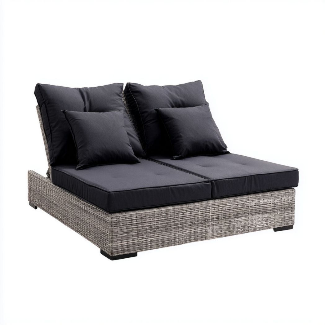 Ensemble de 2 chaises longues double en rotin gris avec coussins noirs