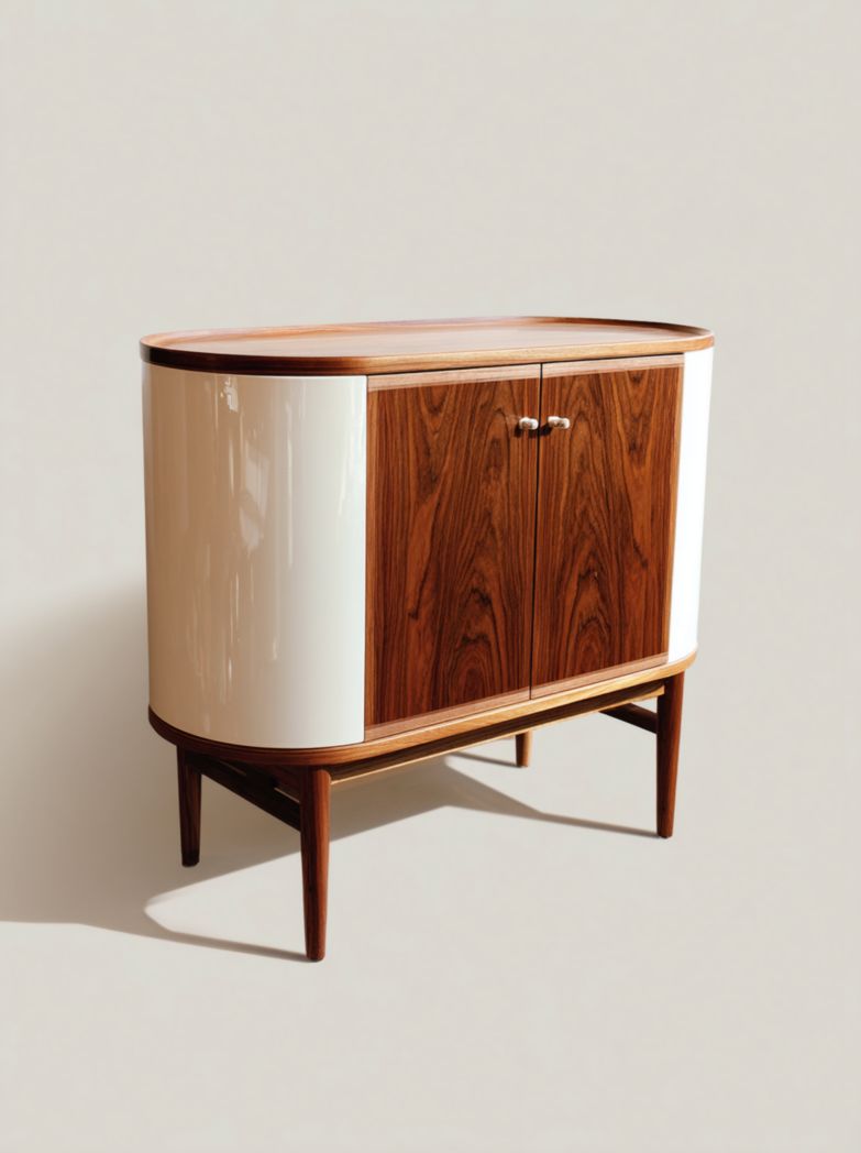 Buffet ovale en noyer et blanc crème, 2 portes de rangement