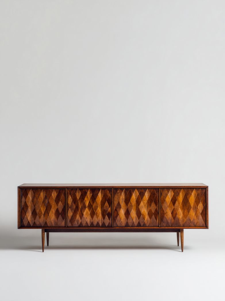 Meuble TV en bois foncé avec 4 portes et façade à motifs géométriques