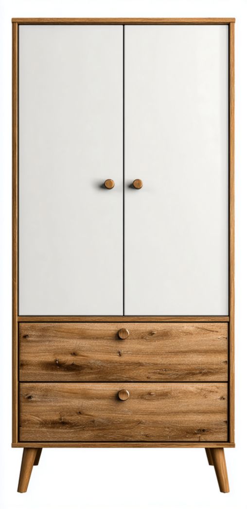 Armoire 2 portes blanche avec cadre bois et 2 tiroirs nordiques