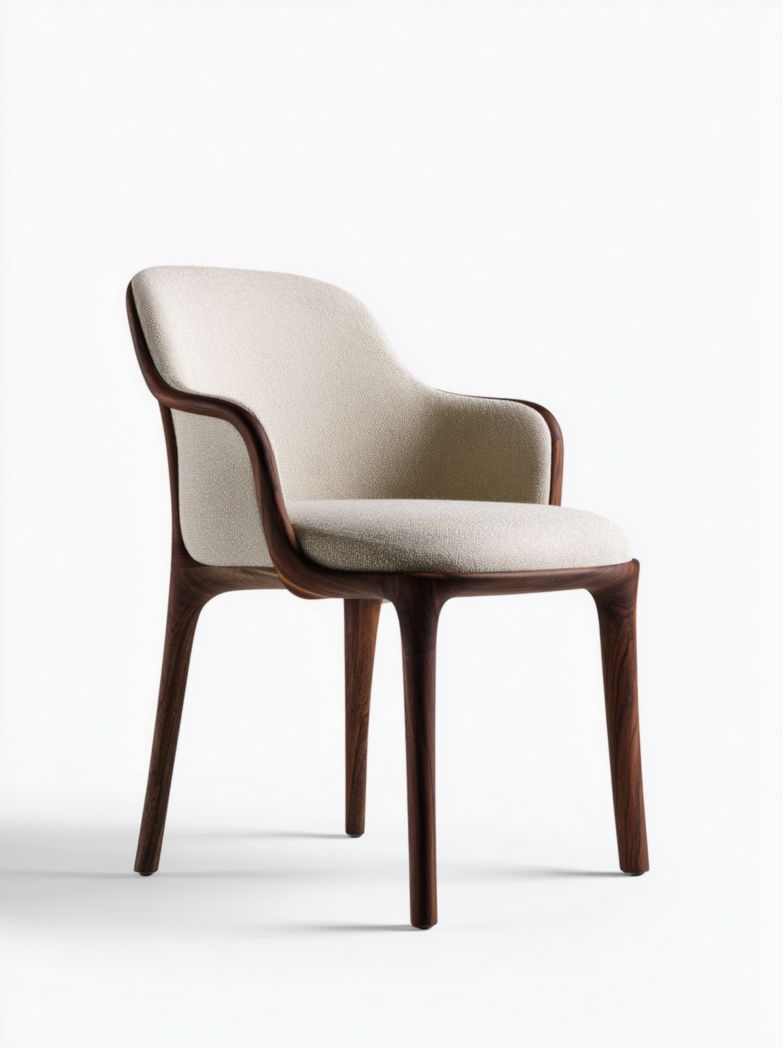 Fauteuil rembourré en bois foncé avec assise et dossier en tissu beige