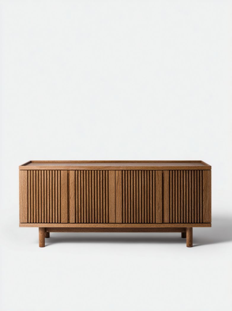 Buffet en bois massif foncé, façade à lattes verticales, 4 portes