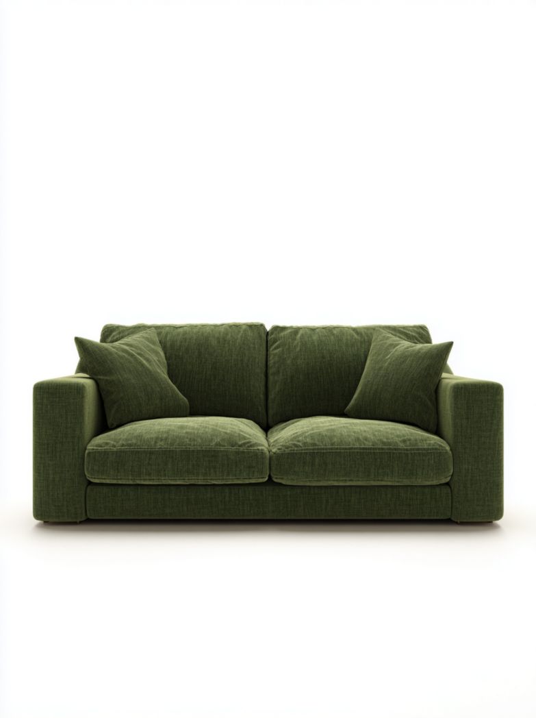 Canapé 2 places en tissu vert avec 2 coussins assortis