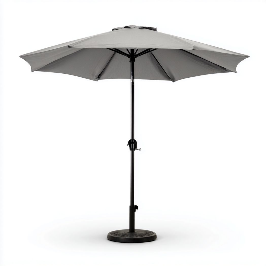 Parasol de jardin gris foncé, toile polyester et mât métallique noir avec base stable