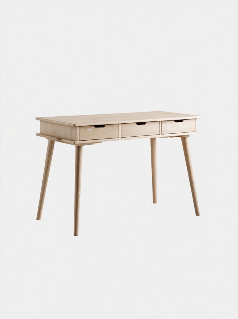 Bureau rectangulaire en bois clair avec trois tiroirs