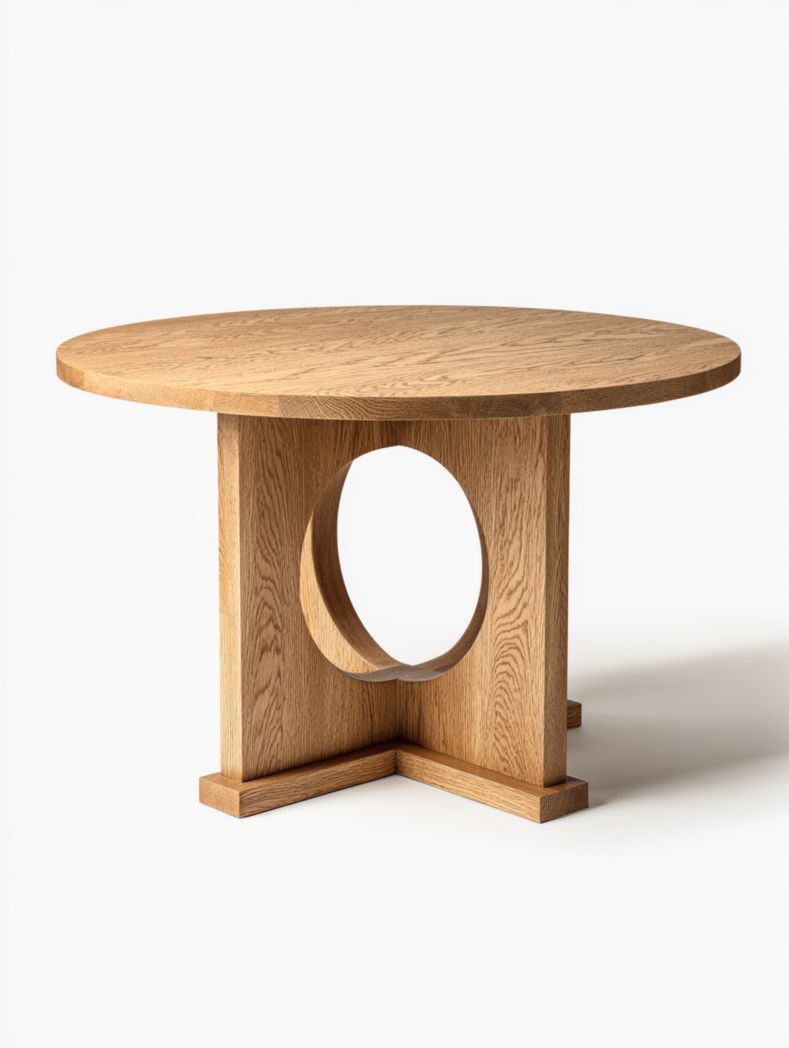 Table ronde en bois massif avec piètement ajouré géométrique, style naturel moderne