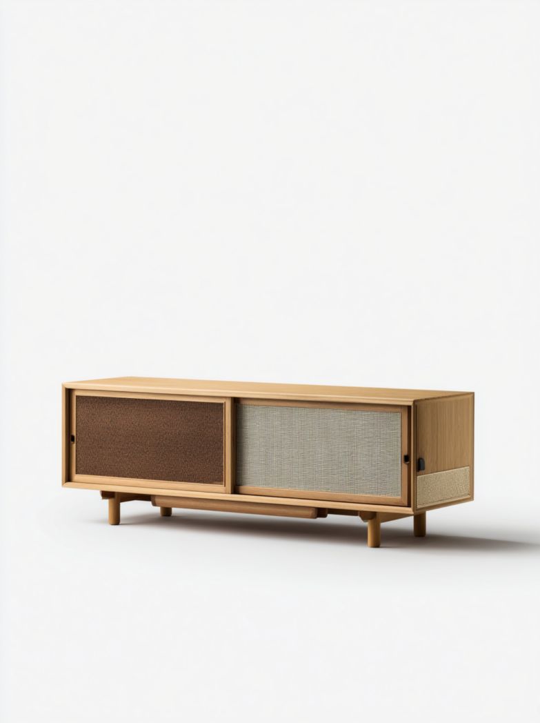 Meuble TV en bois clair avec 2 portes coulissantes et façades textiles bicolores