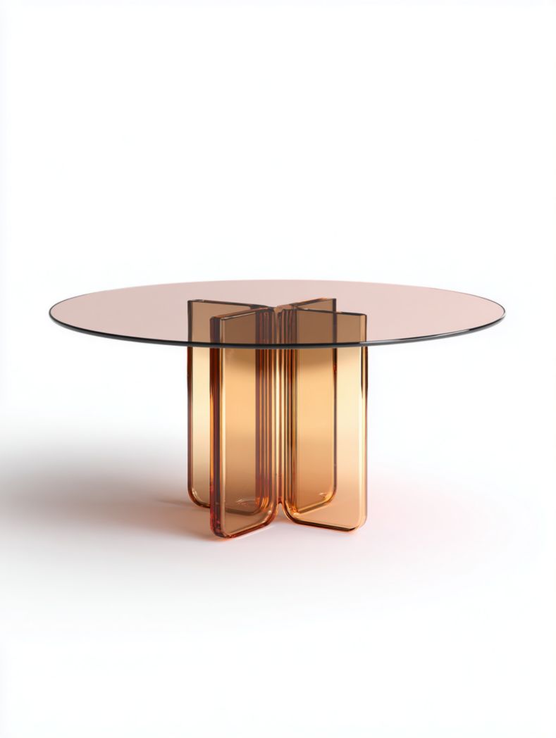 Table ronde en verre fumé avec piètement géométrique translucide ambré
