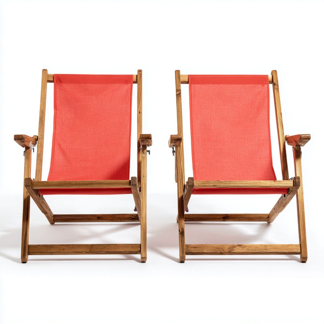 Lot de 2 chaises longues pliantes en bois avec toile rouge, sans coussin