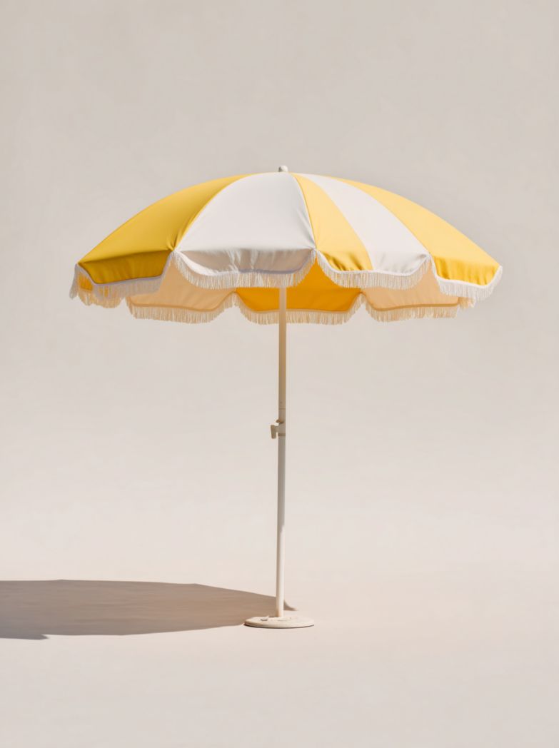 Parasol de jardin à rayures jaunes et blanches, toile ronde en polyester avec mât en métal blanc et bordure à franges
