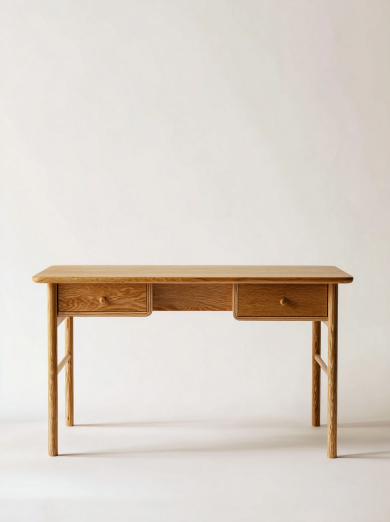 Bureau rectangulaire en bois massif couleur chêne clair avec 2 tiroirs