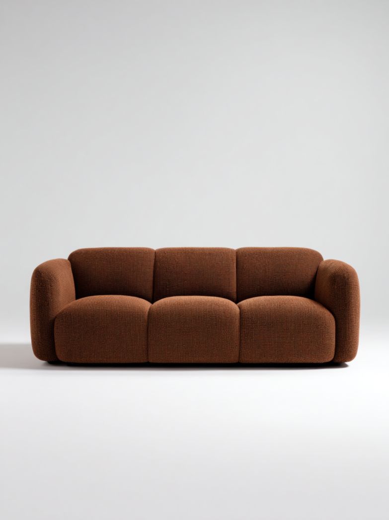 Canapé 3 places en tissu brun au design arrondi sans coussins