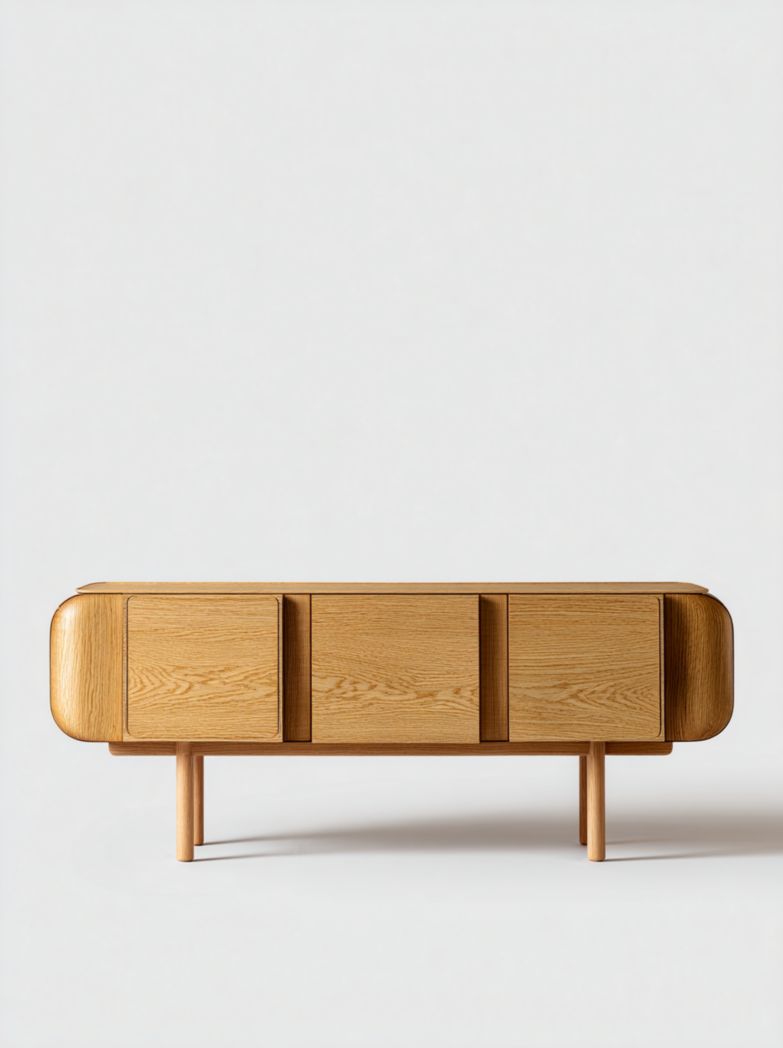 Meuble TV en bois clair avec 3 portes et angles arrondis