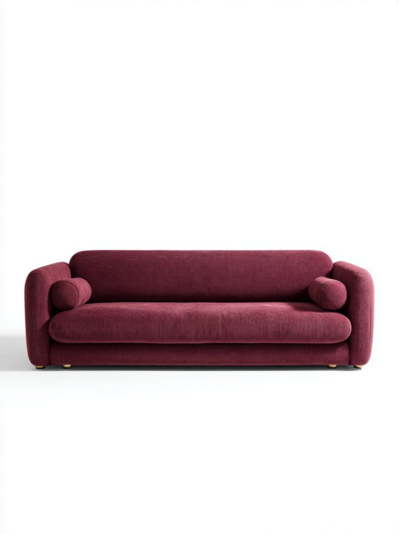 Canapé 3 places en tissu bordeaux avec coussins cylindriques design arrondi