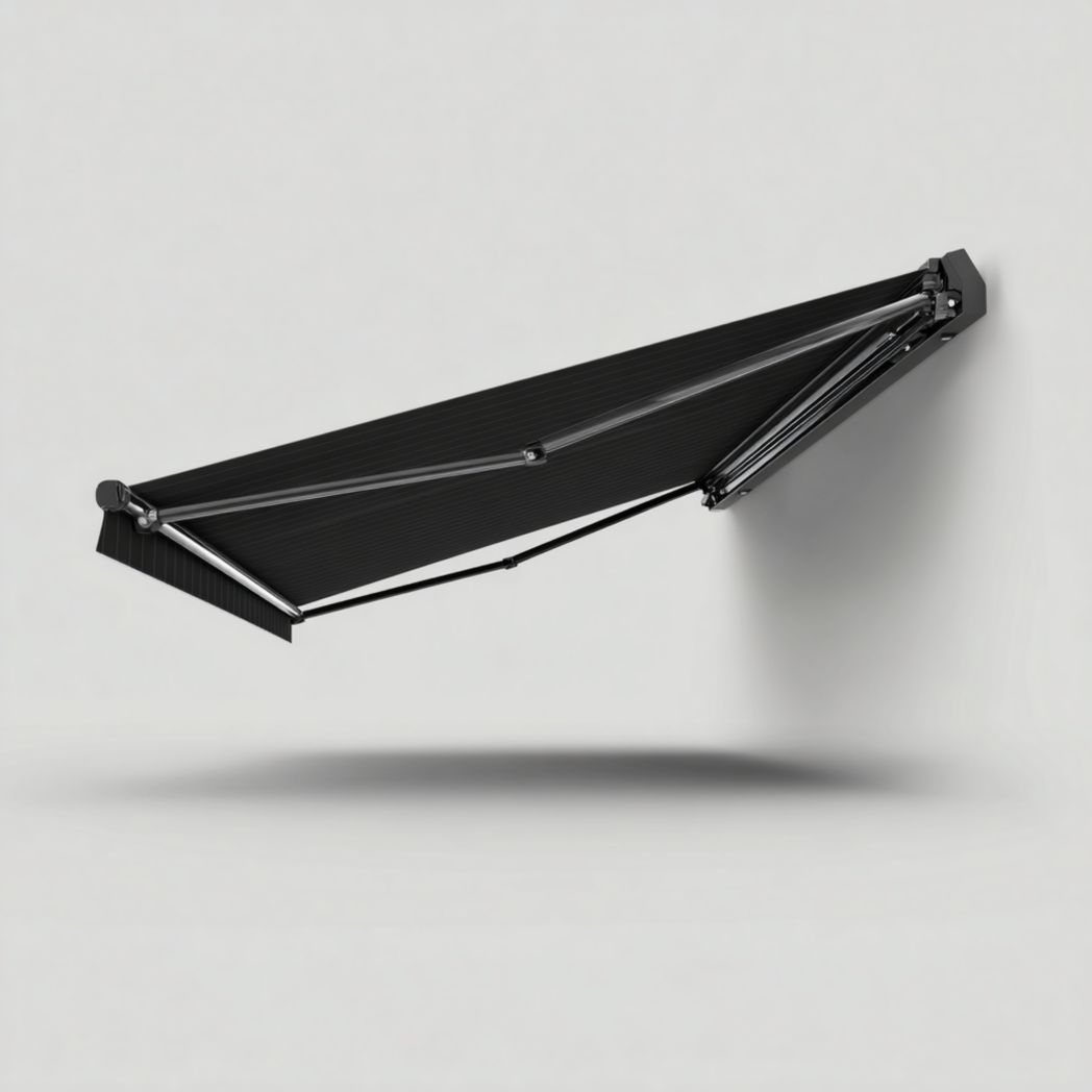 Pare-soleil latéral pliant noir, toile polyester imperméable et structure en aluminium