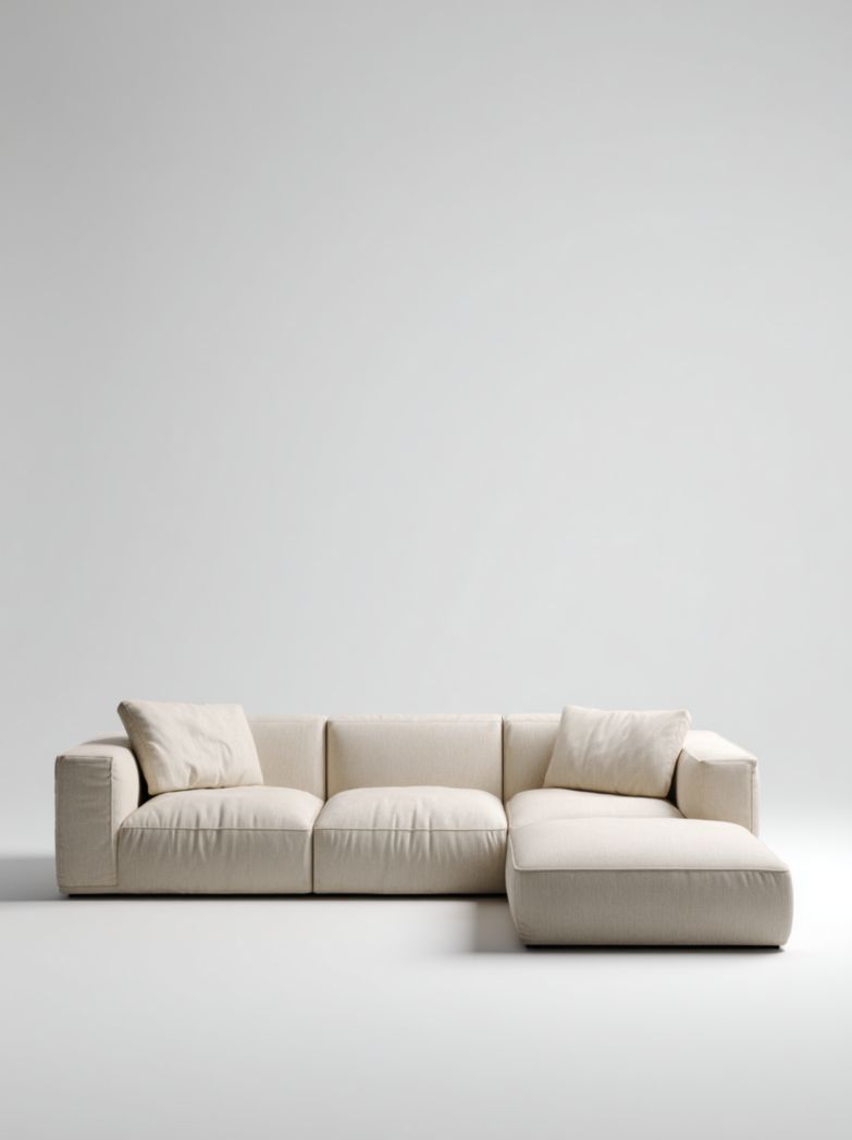 Canapé d'angle en tissu beige design moderne avec 2 coussins