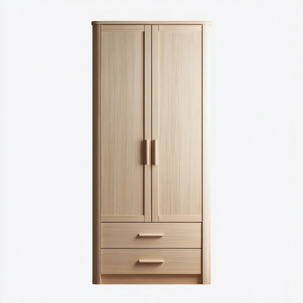 Armoire en bois clair à deux portes et deux tiroirs design vertical