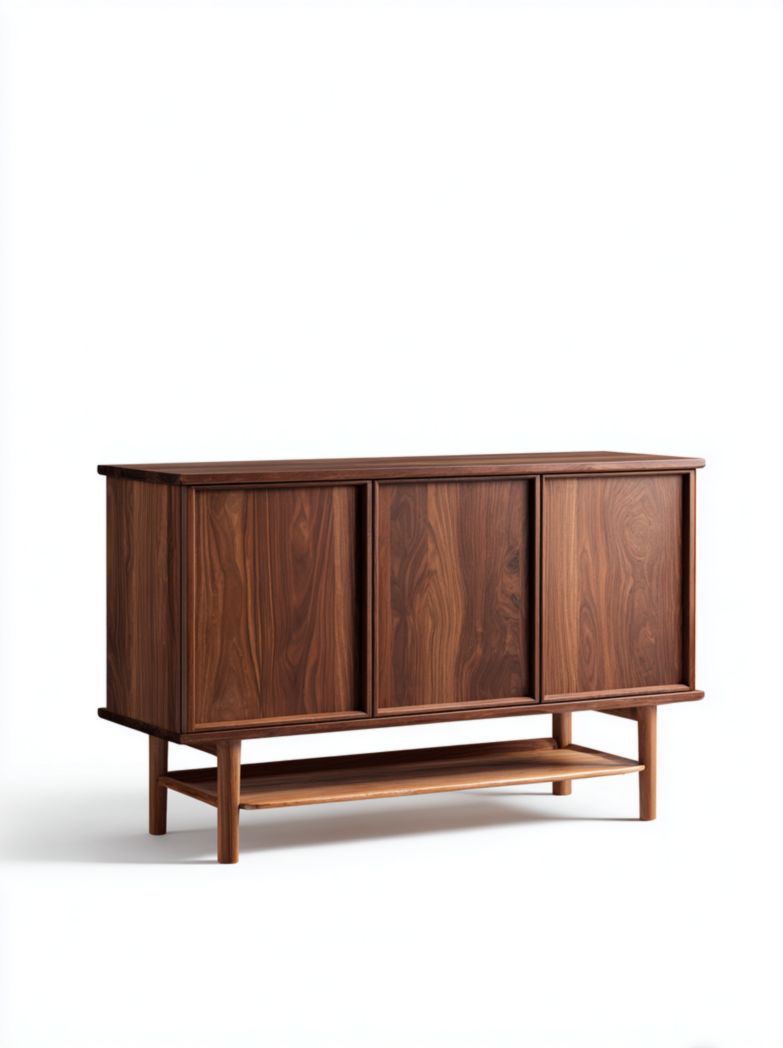 Buffet en noyer massif, forme rectangulaire haute avec 3 portes et étagère ouverte