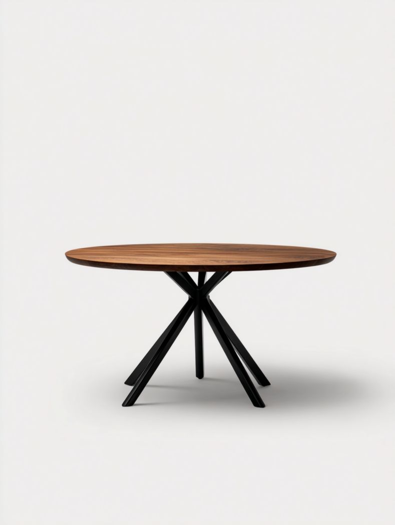 Table ronde en noyer avec piètement croisé en métal noir, style contemporain