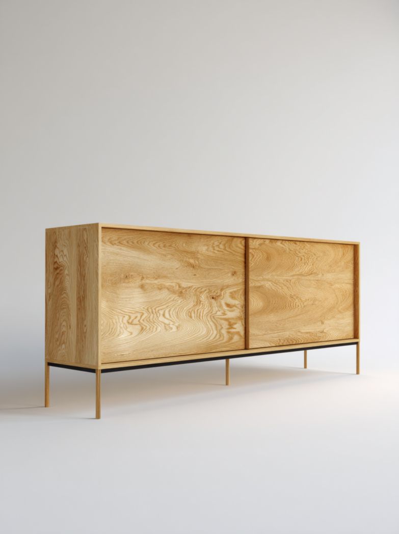 Buffet moderne en chêne avec 2 portes coulissantes et piètement métallique