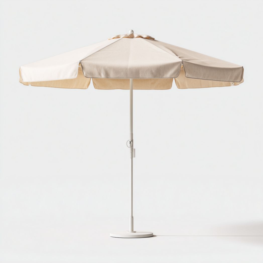 Parasol de jardin beige, toile polyester et mât métallique blanc avec base stable