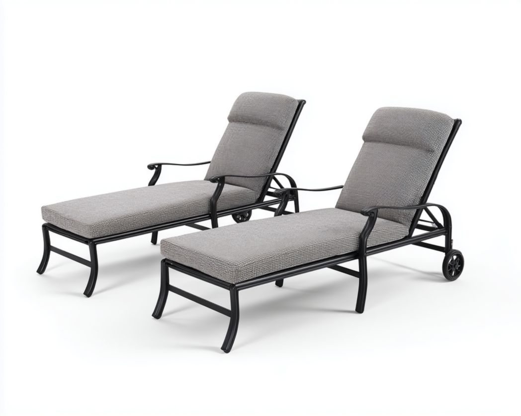 Lot de 2 chaises longues grises avec coussins, structure métallique noire, accoudoirs et roues intégrées