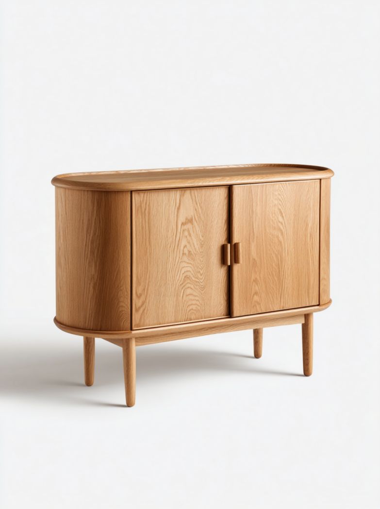 Buffet en bois clair massif, forme rectangulaire à bords arrondis, 2 portes