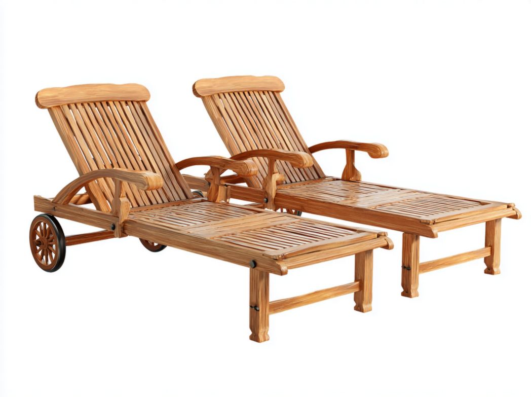 Lot de 2 chaises longues en bois à lattes avec accoudoirs et roulettes