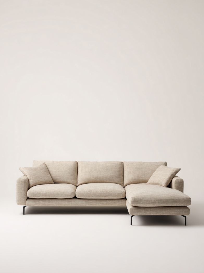 Canapé d'angle en tissu beige méridienne droite avec 2 coussins et pieds métalliques