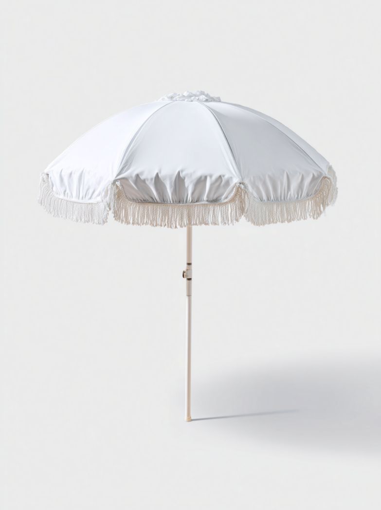 Parasol de jardin blanc avec franges décoratives et mât en métal