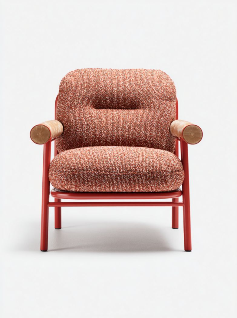 Fauteuil rembourré à structure métallique rouge avec accoudoirs en bois et coussins épais en tissu