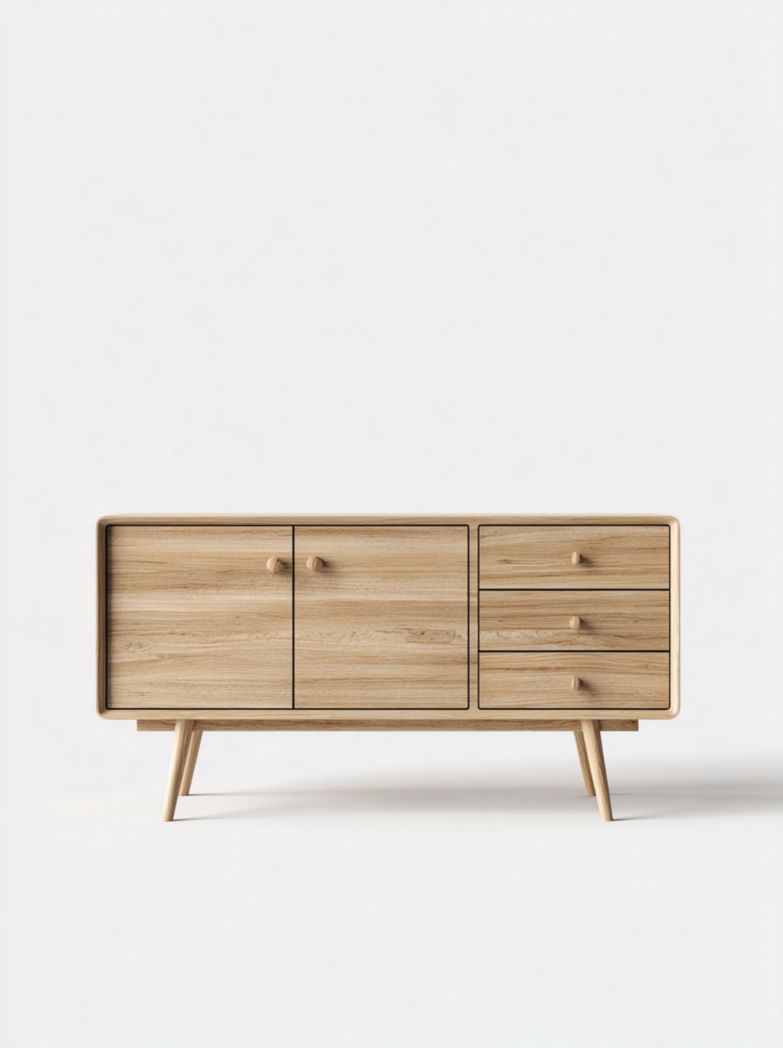 Buffet en chêne clair, forme rectangulaire avec 2 portes et 3 tiroirs