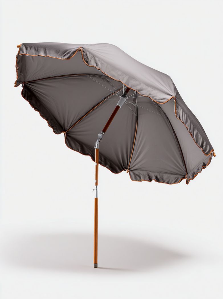 Parasol de jardin gris avec mât en bois, structure métallique et bordure ondulée