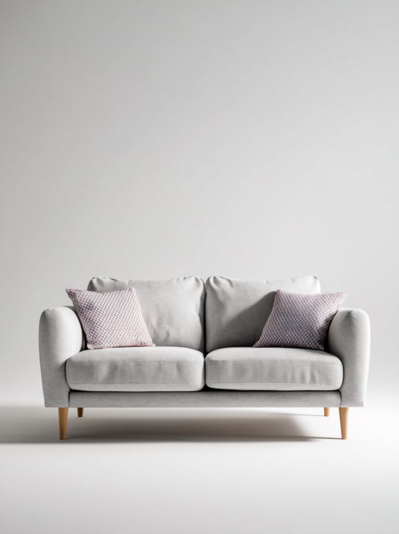 Canapé 2 places en tissu gris clair avec pieds en bois et 2 coussins