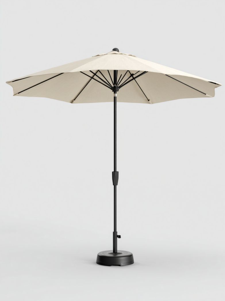 Parasol de jardin beige, toile en polyester avec mât en métal noir et base stable