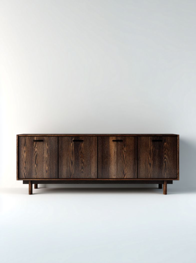 Meuble TV bas en bois massif foncé avec 4 portes rectangulaire