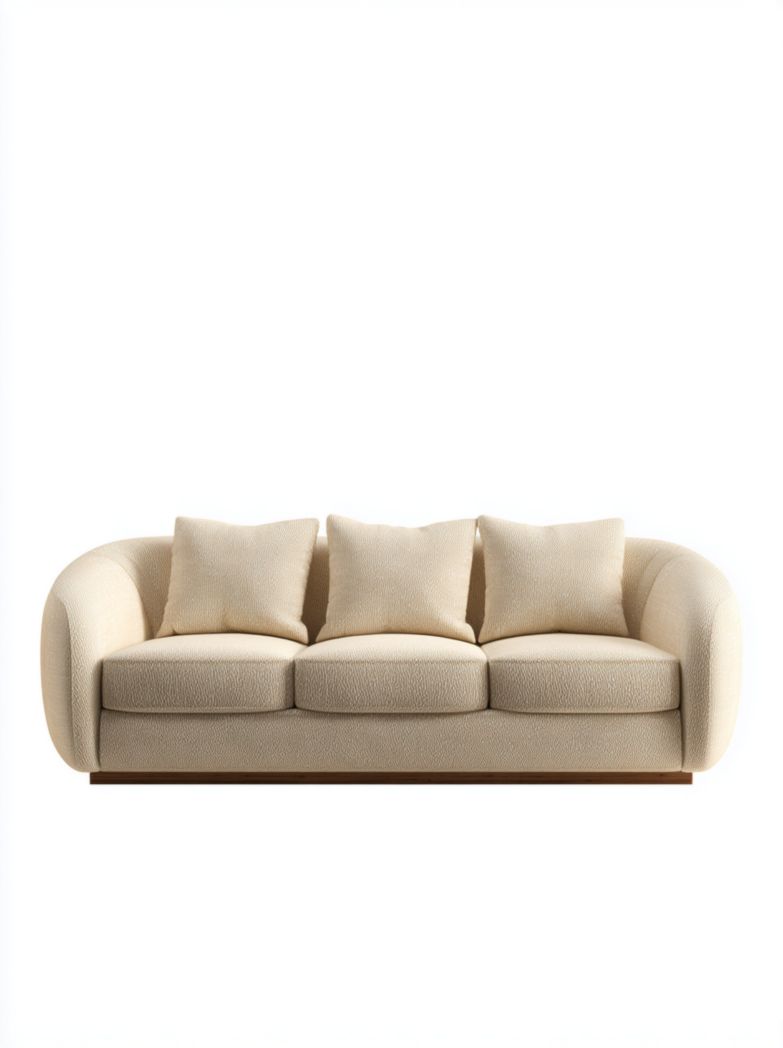 Canapé 3 places en tissu beige avec accoudoirs arrondis et 3 coussins